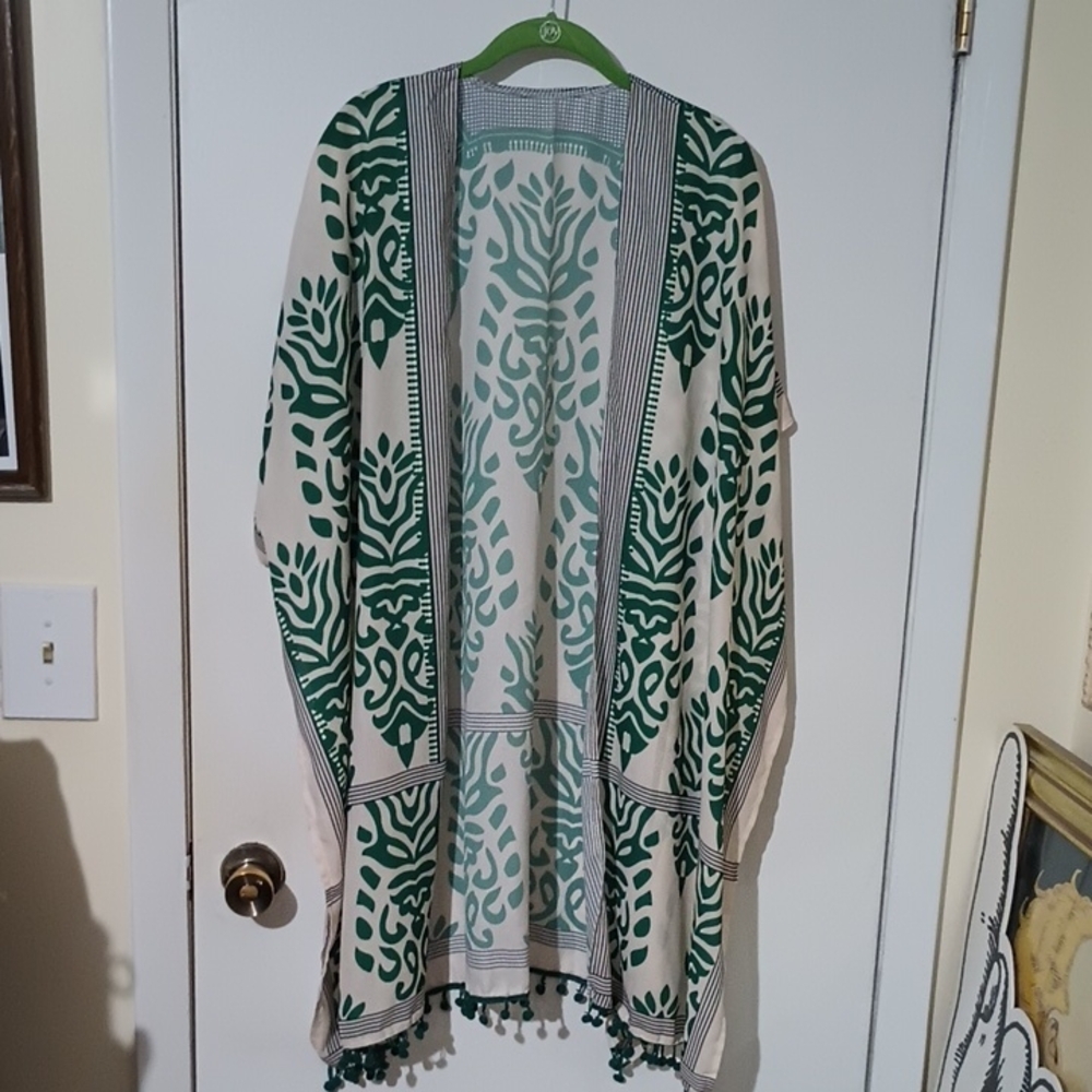 Swimsuit Coverup Green/Cream/Black With Green Pom Poms